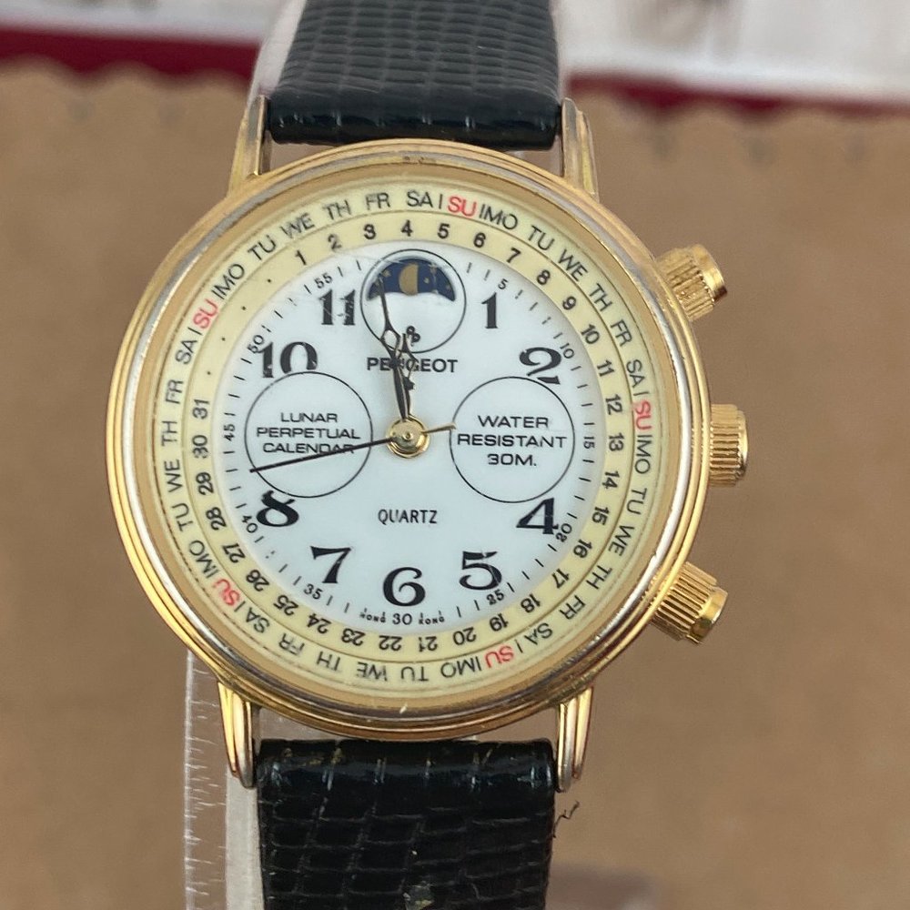 Vintage Peugeot Old Fashion Swiss Quartz Perpetual Calendar Moon Phase Watch